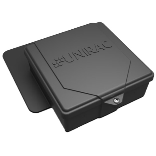 (image for) UniRac, SOLOBOX2-D, Solobox Comp junction box for comp shingle and rail mount applications. Watertight butyl strip and integrated flashing with Shed & Seal flashing technology